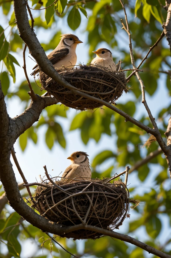 
In the evening on a branch of a tree a mother bird was seen taking care of her nest. The nest is made of dry weeds mixed with some wooden twigs. You can also see some eggs in the bird's nest. Describe the atmosphere.