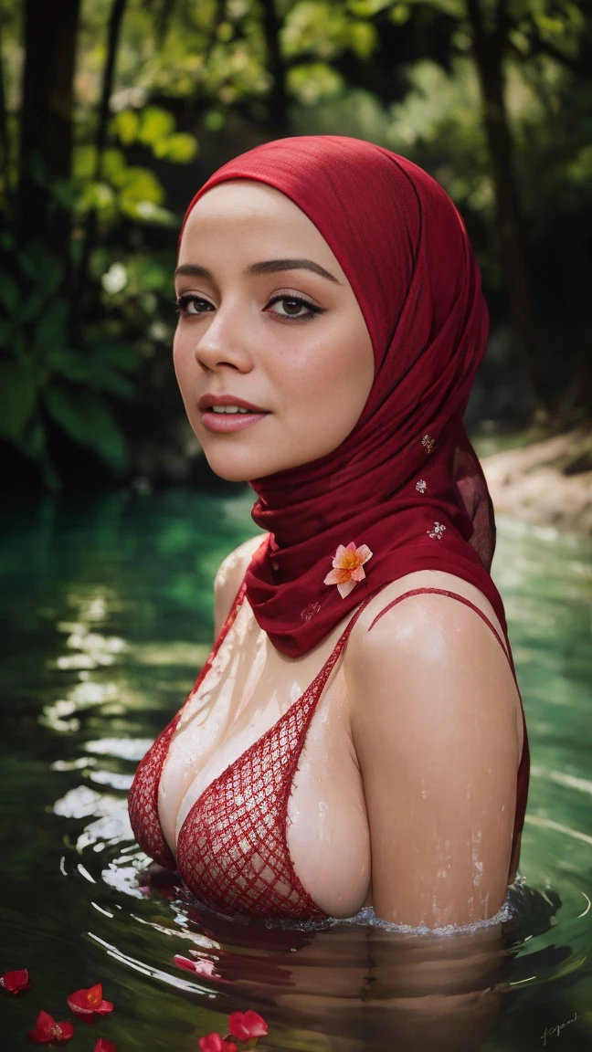 close-up portrait of a beautiful woman in hijab bathing in a river, wearing red net dress, big breast, showing large cleavage, reeds, (backlight), realistic, masterpiece, high quality, lens reflection, shadow, flower, [[chromatic aberration]], by Jeremy Lipking, by Antonio J. Manzanedo, digital painting,