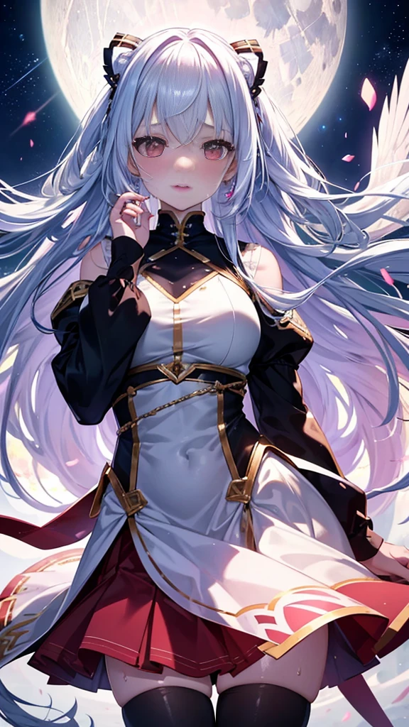 (((​masterpiece)))、(((top-quality)))、((Ultra-detail))、(illustratio)、((extremely delicate and beautiful))、Bright smile、floating、purple color  hair、(Detailed light) (1girl in)、solo、The long-haired、The wind is blowing、A WORLD、（cute eye）、Realistic, Ultra-detail, (Shiny skin, full of sweat:1.4), Looking at Viewer, slender, solo, Miniskirt, Long hair, White hair, Red Eyes, (thick thighs:0.5), Dynamic lighting, High resolution, Sharp Focus, depth of fields, medium breasts, masutepiece, Best Quality, Ultra-detailed, Illustration, Ultra-detailed face, best quality face, Adult,, 18 years old, Adult, intricate detailed outfit, Sexy Pose, Glowing red dress, Cute, kawaii,, finely detailed eyes, Blushing, Red cheeks, Realistic, Glowing eyes, Fluffy jumper, Skirt, Parted lips, blush, Night, Cute, , finely detailed eyes, Embarrassed expression, long_hair, Blushing, Moon, Star_\(skyporn\), starrysky_skyporn, full_Moon, Photorealistic, ASİAN, Woman, mix4