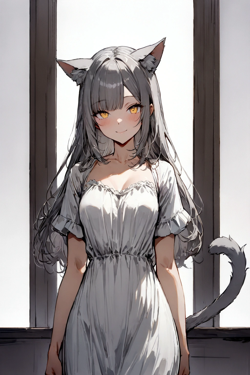 ((masterpiece)), ((best quality)), (from front, facing front:1.32), (close-up:1.2), (half-body shot:1.36), (side bangs hairstyle), perfect anatomy, 1girl, solo, adult cat girl, long gray straight hair, yellow round eyes, gray cat ears, a gray fluffy cat tail, short-sleeved loose white dress, smiling, looking at viewers