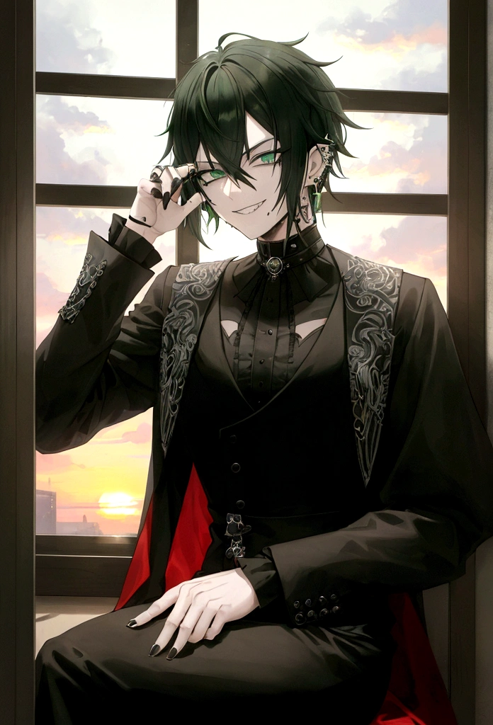 man with black an green hair and light grey eyes, stitches on his face around his mouth, piercings, wearing gothic clothes, sitting on a windowsill, sunset behind him, evil smile