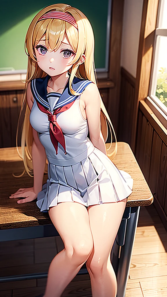 One girl、Waiting for someone in a school classroom、Sailor suit、Shoulder-length hair、Blonde、Brown eyes、18-year-old、D cup breasts、Lonely look、Long limbs、Headband