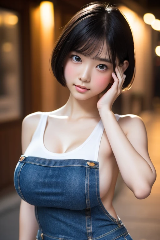 (Highest quality, masterpiece, Ultra-high resolution, 8K, RAW Photos, Realistic), (Anatomically correct:1.0, Writhing:1.0), (Large areola:1.2, Erect nipples:1.2, Short Bob Cut, 20-year-old girl:1.2, Embarrassing, look up, blush:1.0, Very white skin, Medium sized butt, Large Breasts, Very short denim booty shorts, Show Viewer, Put your hands on your face, topless), night, offing, Light, Bokeh、((White tank top))