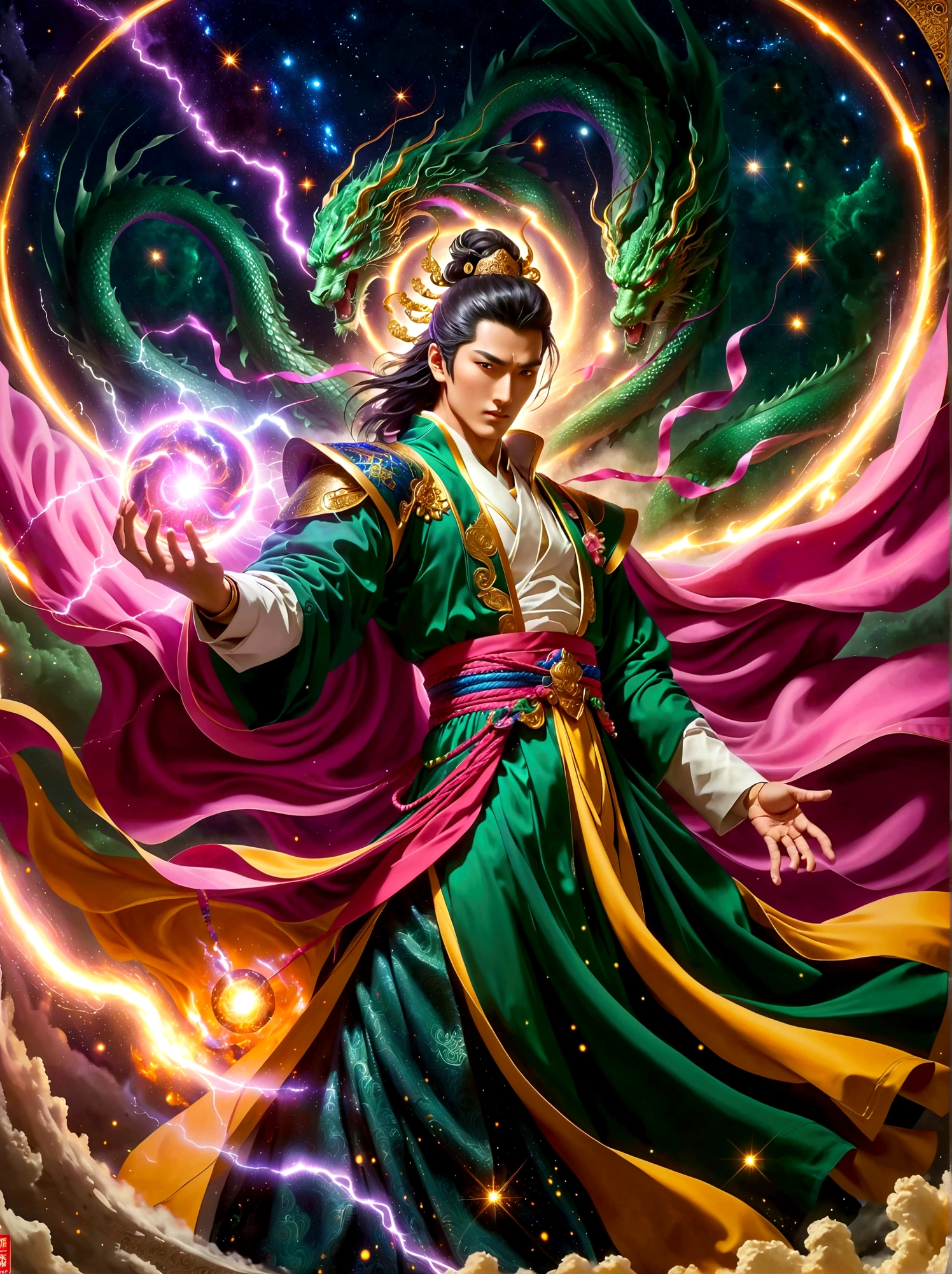 An epic clash between divine beings. The sky showcases extravagant shades of violet, pink, and gold against the backdrop of stars and galaxies. One fierce deity, an East Asian male with burning eyes and white attire, summons lightning, illuminating the battlefield. The other entity, a Middle Eastern female exhibiting serene calm, clad in a flowing green robe, wields a tome radiating ethereal light. Above, cosmic dragons twist and coil, their scales shimmering with stardust as they roar in anticipation. Below, an earth transformed by the battle displays crumbled mountains, roaring oceans, and forests set alight.