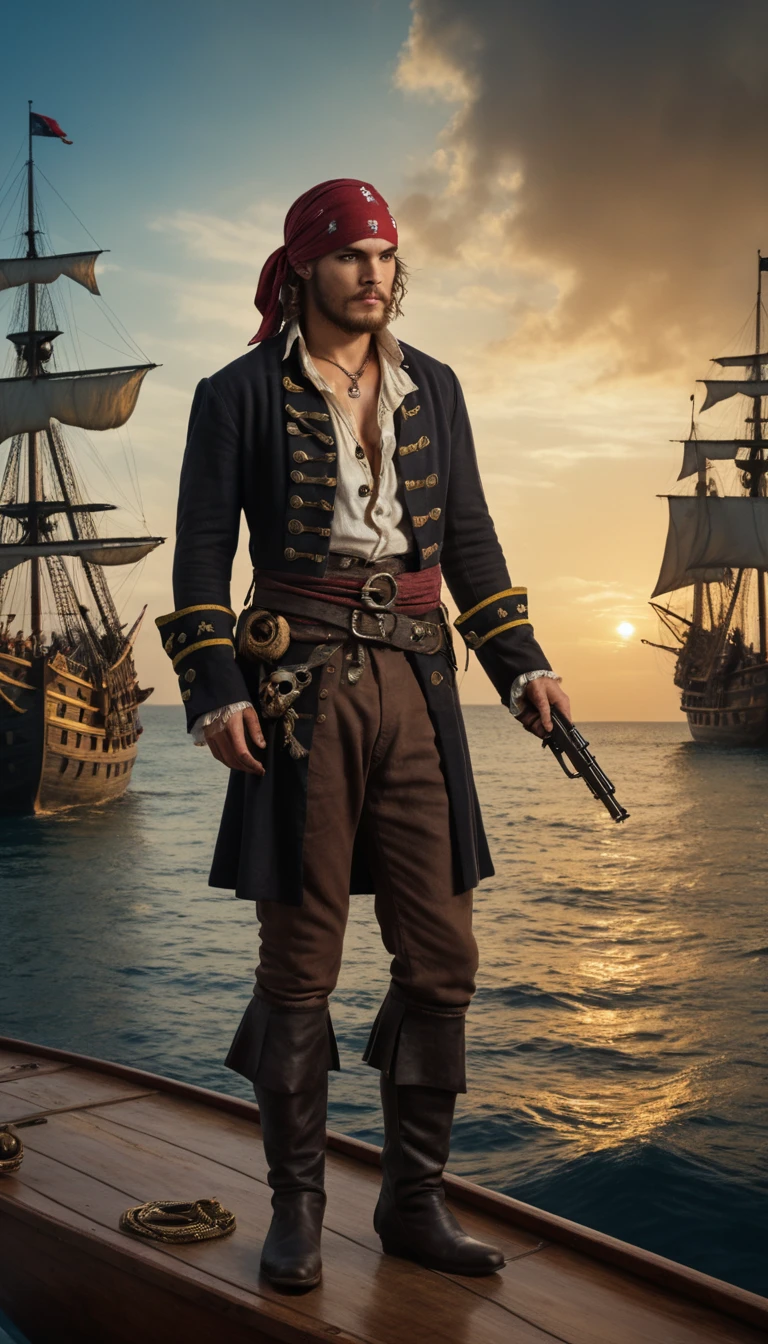 Dark painting, Young pirate standing on a sailboat, (20~Age 25), Beautiful Face, Wearing a bandana on his head, Holding an old gun、surrounded by pirate ships、Skull Flag、Ship in the Background, Cinematic, Movie stills, Detailed dark background, High detail, masterpiece, masterpieceальное качество, A strip of dawn on the horizon