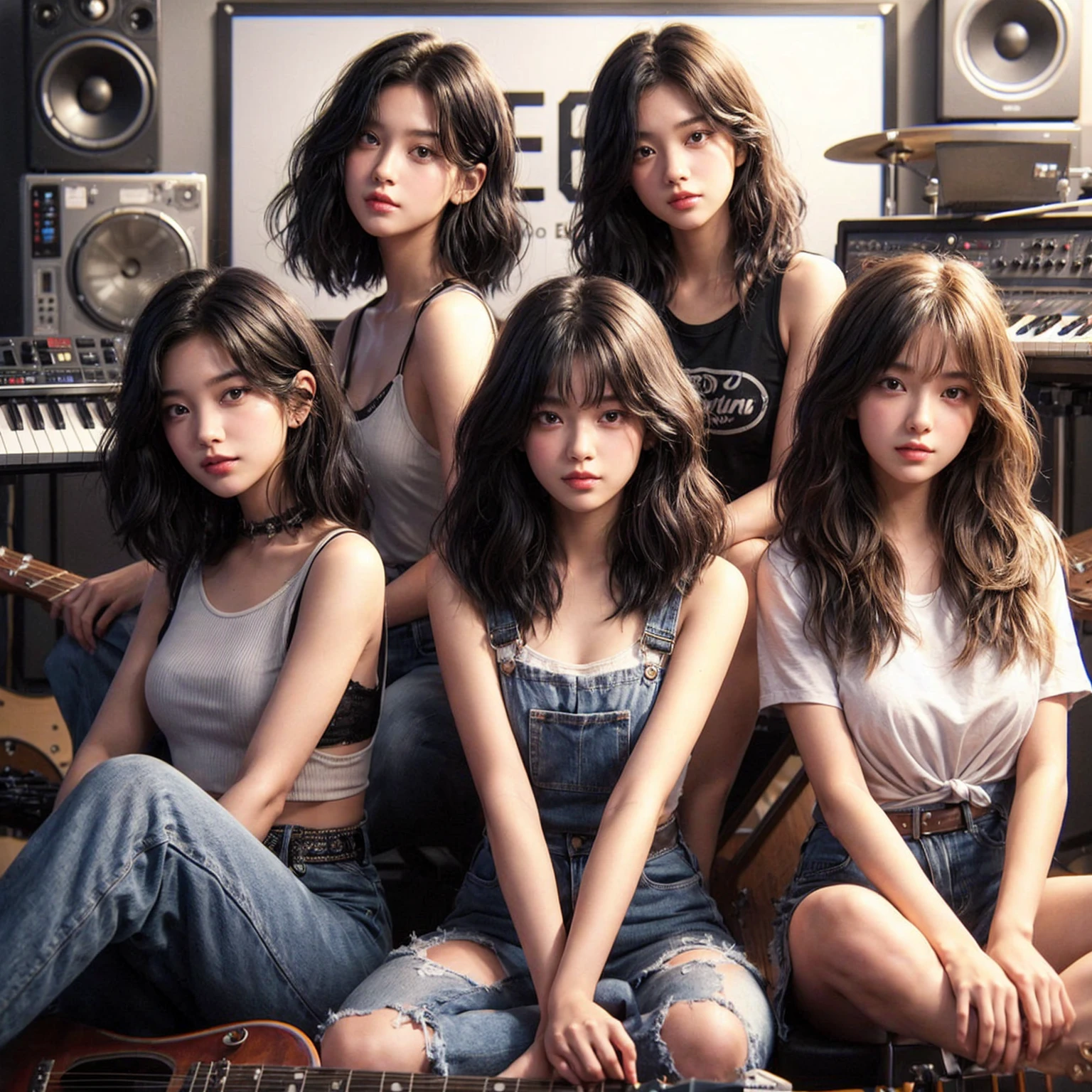 **Photo of 5 beautiful girls, aged 18 to 20, sitting:**

- **3 girls with messy black hair**
- **1 girl with wavy bob black hair**
- **1 girl with a black ponytail**

One girl is playing the drums, one girl is playing the piano, one girl is playing the bass guitar, one girl is playing the guitar, and one girl is singing. They are sitting behind a board with the word "ECHO" written on it. The background is a music studio, complete with drums, guitars, bass guitar, and piano. The image is ultra HD, 4k, photorealistic, raw, and a masterpiece.