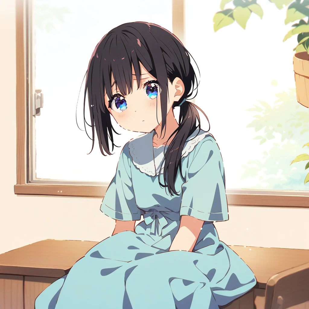 Masterpiece, Best quality, solo female, young girl, sister-like, blue eyes color, long ponytail hair, black color hair, sparkless eyes, depression eyes, teary eyed, hopeless expression, anxiety, white and blue dress, white eardrop, frontal photo, anime, illustration