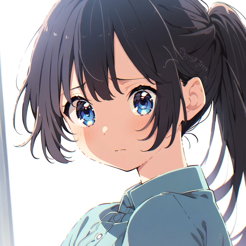 Masterpiece, Best quality, solo female, young girl, sister-like, blue eyes color, long ponytail hair, black color hair, sparkless eyes, depression eyes, teary eyed, hopeless expression, anxiety, white and blue dress, white eardrop, frontal photo, anime, illustration