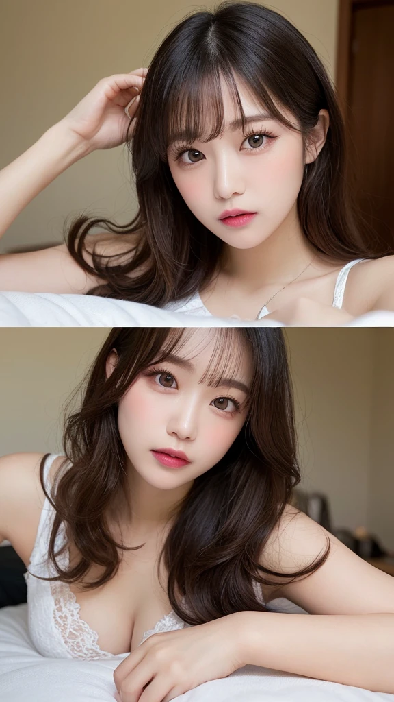 Highest quality, figure, Super detailed, In detail, High resolution, 32k wallpapers, Perfect dynamic composition, Beautiful attention to detail, Random top model lace underwear,Long Curly Hair, Center of chest,Big beautiful cat-like eyes, Cute Button Nose, Small and fairly full lips, Thick eyebrows and long, beautiful eyelashes. Show your forehead,Transparent throughout makeup, Paint your cheeks pink,Dark eyeliner,Lip gloss makes it sparkle. Random and sexy lying down poses,Embarrassed face,white and clean teeth,(Full body shot),Single shot