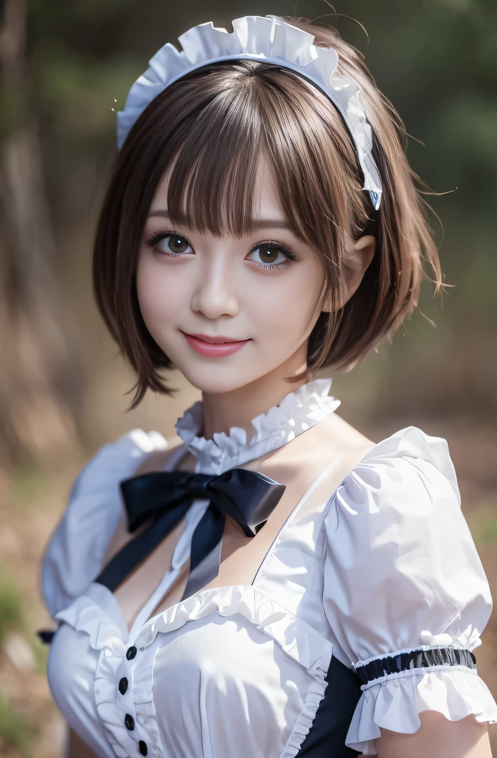 ((SFW: 1.4)), ((SFW, Super Short Hair, side lock hair, One girl)), smile、smile、Smiling with teeth showing、Full Body Shot、Thighs、Forest Scene Ultra High Resolution, (Realistic: 1.4), RAW Photos, Highest quality, (PhotoRealistic Stick), concentrated, Soft Light, ((18-year-old)), ((Japanese)), (( (Young Face))), (surface), (Depth of written boundary), masterpiece, (Realistic), Highly detailed wearing (( Maid outfit with frills and ribbons)), bangs, ((1 Girl)),(bust:1.5)
