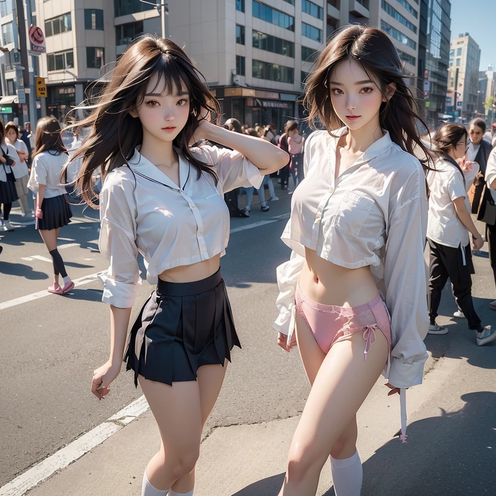 (((masterpiece, Highest quality, High resolution, 超High resolution, Pixel perfect, Written boundary depth, 4K, RTTX10.0))), Beautiful Anime Women, Beautiful art style, Anime characters, ((Smooth texture, Realistic texture, Anime CG Style)), Exact finger count、Exact number of legs、(Exact number of arms:1.0, Exact number of hands:1.0), (Perfect hands, Perfect Anatomy), Cinematic, Realistic, Highly detailed CG, Daytime lighting, Perfect lighting, Best Shadow, The best natural light, whole body, Perfect body, (Slender body:1.2), ((Long Hair, bangs, Dark brown hair, Bobcut)), (Detailed face, Beautiful Face, Beautiful eyelashes), (An adult woman is walking next to me., Lift up your skirt with your hands.:1.4), (Fashionable white shirt, Sailor collar, Navy blue knee socks, loafers, Navy pleated mini skirt:1.3)、Angle from the front, ((Stylish shiny satin panties, Side tie panties, Plain pink in the center、Pink panties with black lace sides:1.3)), (beautiful and big breasts:1.1), (Beautiful and thin thighs:1.3), Feeling embarrassed, (blush:1.2), (Very embarrassed look, Very patient expression:1.2), (Urban hustle and bustle, Buildings on the background, Sidewalk, Intersection in the background, In the background, a large number of people dressed in clothes々々:1.4)