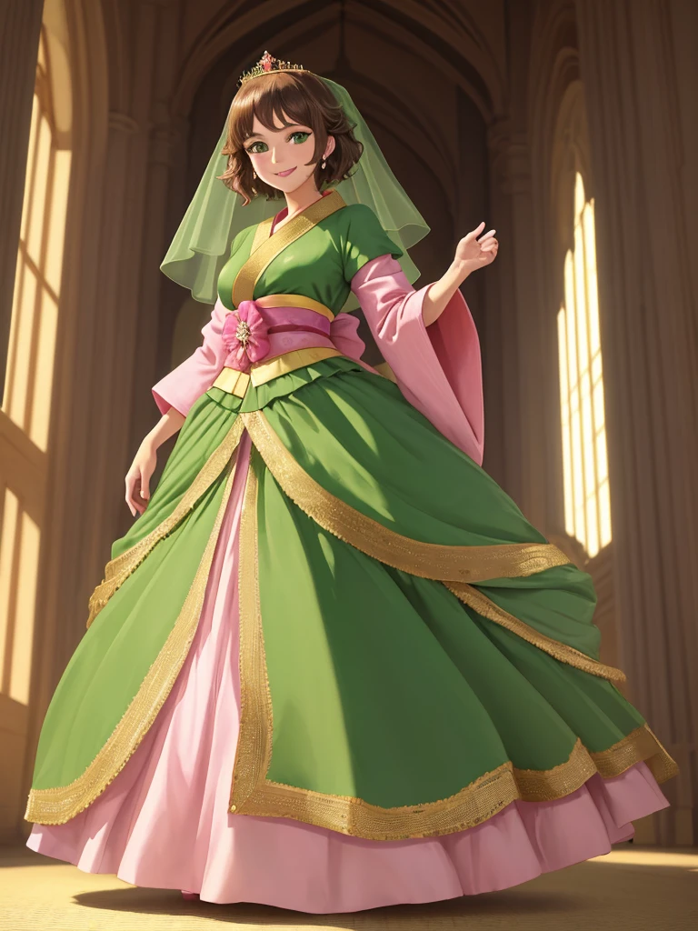 masterpiece, best quality:1.2), 1girl, smile, looking at viewer, green eyes, short brown hair, princess, princess dress, wearing puffy pink ballgown skirt reaching the floor, green kimono, golden tiara with veil, standing in ballroom of medieval castle