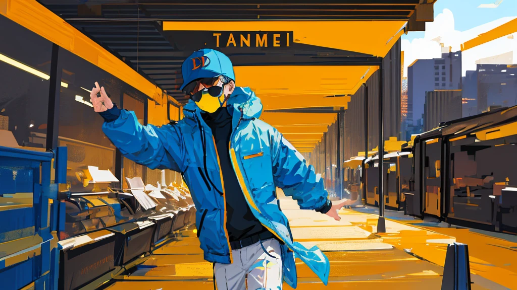 A boy programmer has cover their face wearing sunglasses, coding running on background, vector art