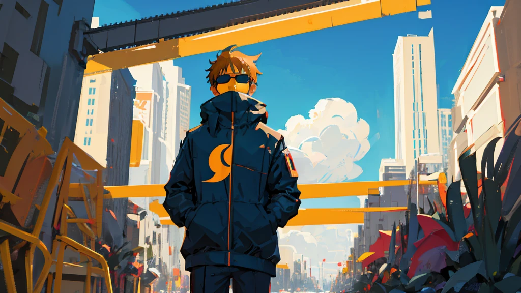 A boy programmer has cover their face wearing sunglasses, coding running on background, vector art