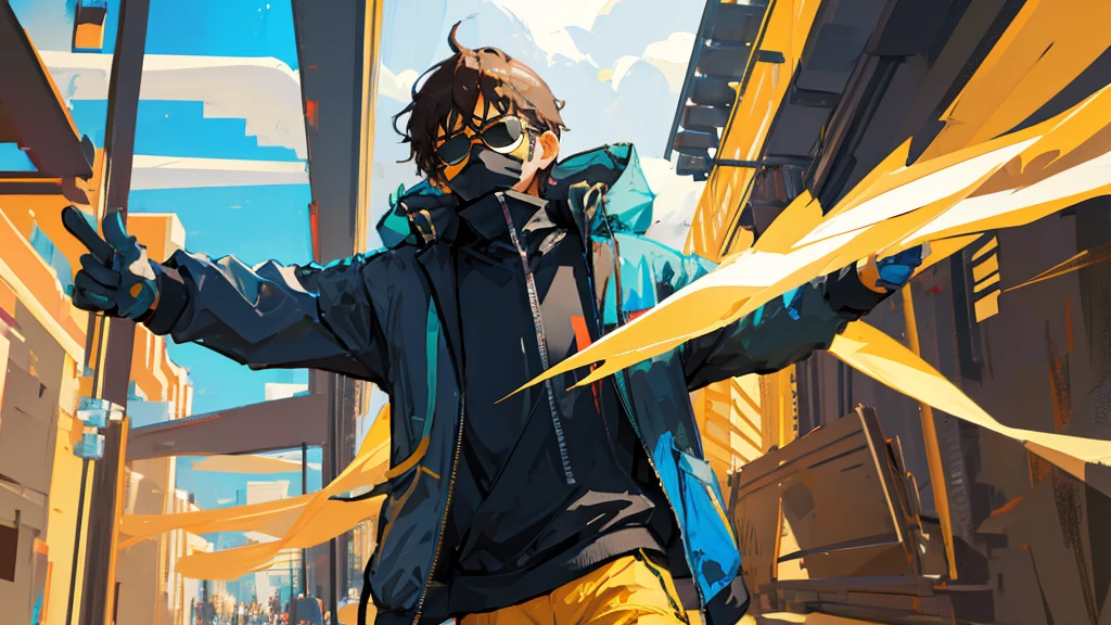 A boy programmer has cover their face wearing sunglasses, coding running on background, vector art 