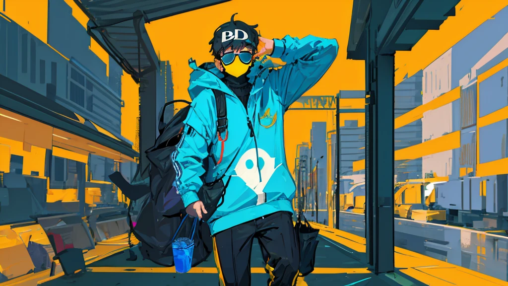 A boy programmer has cover their face wearing sunglasses, coding running on background, vector art 