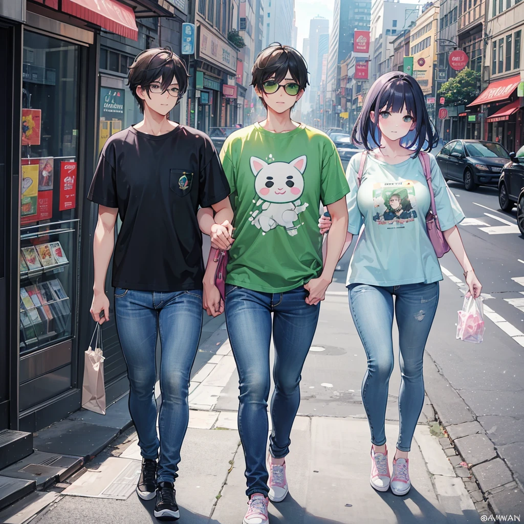 a man and a woman walking down a street, a 3D render, trending on cg society, kawaii shirt and jeans, green shirt, trending on bbwchan, naver fanpop