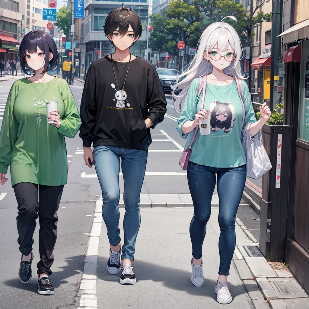 a man and a woman walking down a street, a 3D render, trending on cg society, kawaii shirt and jeans, green shirt, trending on bbwchan, naver fanpop