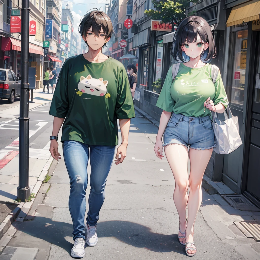 a man and a woman walking down a street, a 3D render, trending on cg society, kawaii shirt and jeans, green shirt, trending on bbwchan, naver fanpop