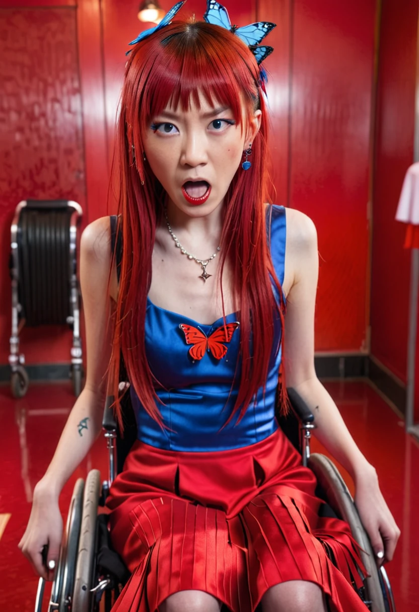 Uhd, photo of Cami, subject: Noriko, 1/2 Japanese 1/2 Hainu skinny girl in a 2/0 large wheelchair with long red hair and fringe, blue+++ eyes, oval face, LGBTQIA+, queer, punk style, wearing (long red dress), buttefly hairclip, tattooes.  She has a very angry facial expression and looks towards the camera.. She is screaming and walking. Background: red room.