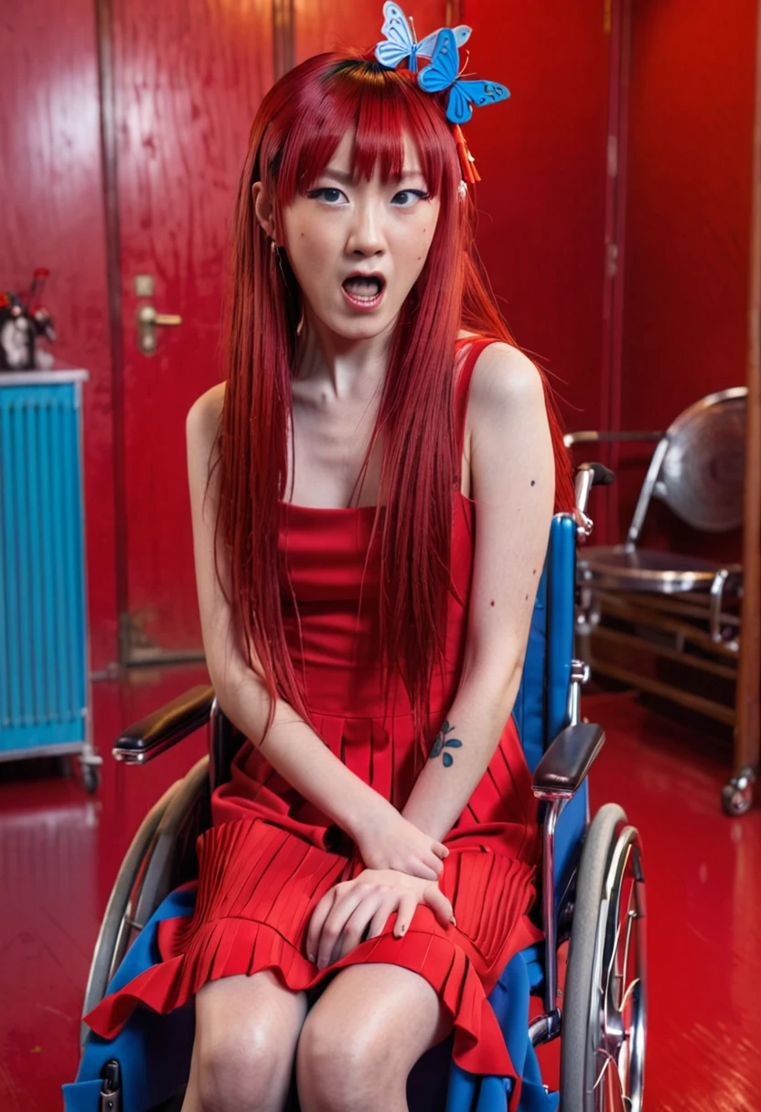 Uhd, photo of Cami, subject: Noriko, 1/2 Japanese 1/2 Hainu skinny girl in a 2/0 large wheelchair with long red hair and fringe, blue+++ eyes, oval face, LGBTQIA+, queer, punk style, wearing (long red dress), buttefly hairclip, tattooes.  She has a very angry facial expression and looks towards the camera.. She is screaming and walking. Background: red room.