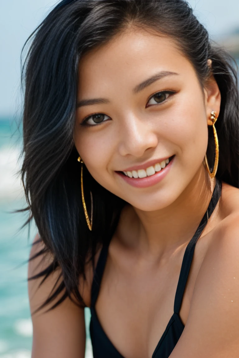 arafed woman with long black hair with deep blue highlights on the beach, flowing black hair, with black hair, photo of a beautiful woman, long flowing black hair, black golden hair, curly black hair, beautiful young asian woman, beautiful asian woman, wild ginger hair, black wispy hair, light black hair, a young asian woman, an asian woman, infp young woman, Portrait photo of a 24-year-old french girl in RAW UHD format (Brown-eyed woman), Details (textures! , Hair! , glistering, Color!! , imperfections: 1.1), DSLR Lighting, SLR camera, Ultra-Quality, sharpness, Film grain (Downtown), Fujifilm XT3, Crystal clear, Frame Center, beatiful face, ((sharp-focus)), bokeh (lit), day time, (open sky), detailed skin pores, oilly skin, suntan, Complex eye details, beautiful face, smiling, (((straddle split))) , (((front split))), (((very small mini gold earrings))), egyptian gold minimal bikini