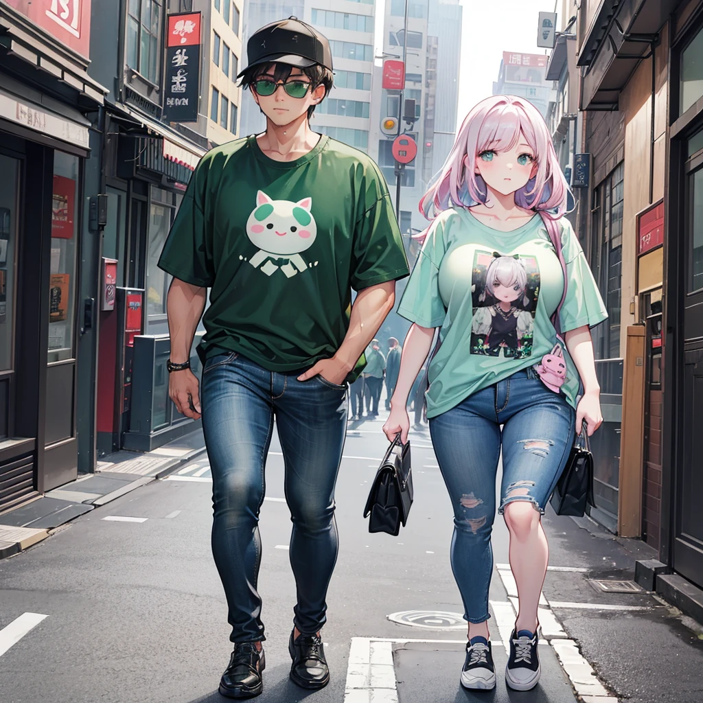 a man and a woman walking down a street, a 3D render, trending on cg society, kawaii shirt and jeans, green shirt, trending on bbwchan, naver fanpop