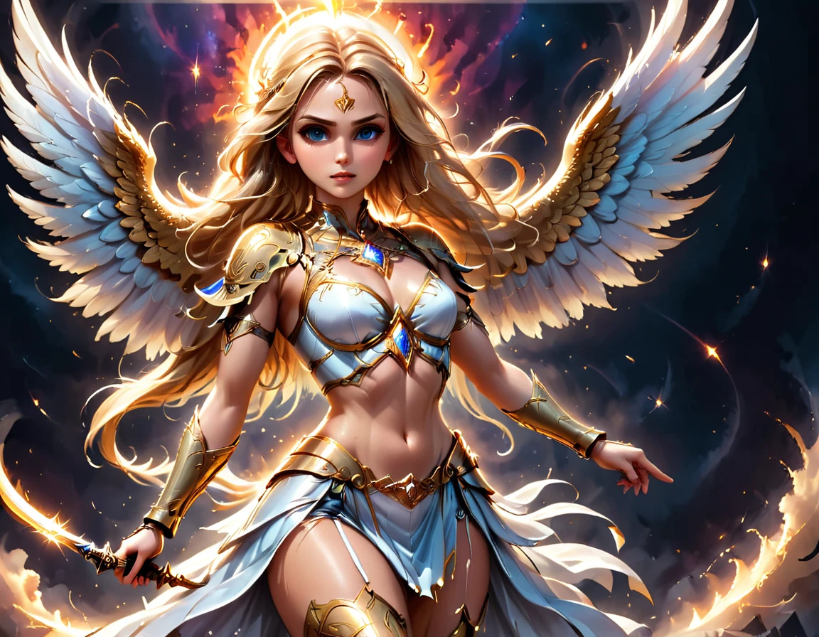 a ((medieval masterwork fresco art: 1.5)) Italian renaissance style, of a 1female angel knight, spread angelic wings, glowing halo soft light, full body shot, ultra detailed face, determined expression, angel of justice and vengeance, blond hair, long hair, dynamic hair style, (wearing armor: 1.2), intricate details, wearing (thigh high heeled boots: 1.1) , (holding divine sword: 1.3), flaming sword, intense details, masterwork sword, dynamic background(Masterpiece: 1.5), Vibrant, Ultra-high resolution, High Contrast, (masterpiece:1.2), highest quality, Best aesthetics), best details, best quality, highres, ultra wide angle, 16k, [ultra detailed], masterpiece, best quality, (extremely detailed), intense gaze, faize, raging nebula, ArmoredDress, drc_style
