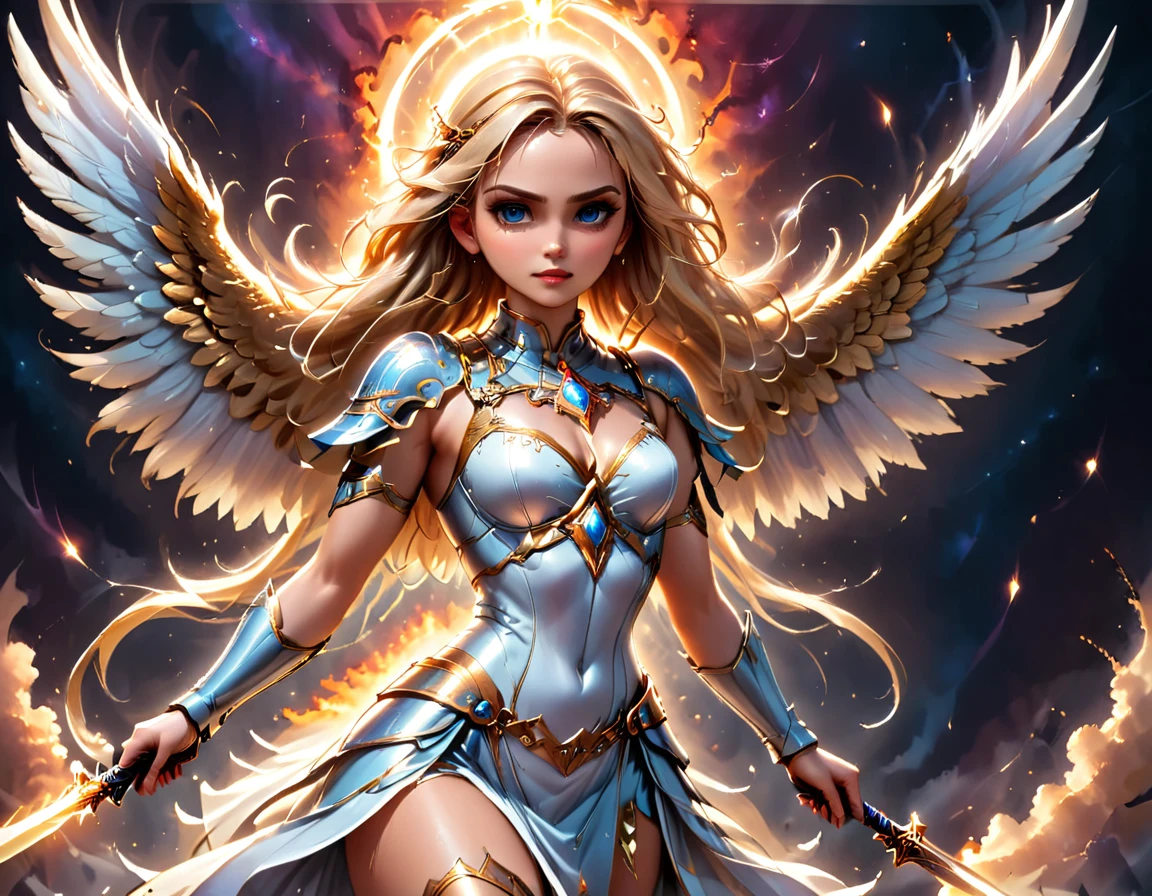 a ((medieval masterwork fresco art: 1.5)) Italian renaissance style, of a 1female angel knight, spread angelic wings, glowing halo soft light, full body shot, ultra detailed face, determined expression, angel of justice and vengeance, blond hair, long hair, dynamic hair style, (wearing armor: 1.2), intricate details, wearing (thigh high heeled boots: 1.1) , (holding divine sword: 1.3), flaming sword, intense details, masterwork sword, dynamic background(Masterpiece: 1.5), Vibrant, Ultra-high resolution, High Contrast, (masterpiece:1.2), highest quality, Best aesthetics), best details, best quality, highres, ultra wide angle, 16k, [ultra detailed], masterpiece, best quality, (extremely detailed), intense gaze, faize, raging nebula, ArmoredDress, drc_style