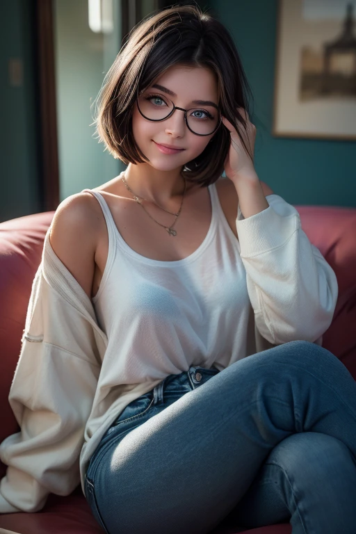 kate, 21 years, 1 girl, short hair with blue highlights, gazing at viewer, blush, blue colored eyes, perfectbody, cold white blouse, jeans, cute round glasses, White sneakers, light pink half socket, drinking hot chocolate from a cup, sitting on a sofa in an elegant room, well-lit, drlight smile, Hyper-Realism, high resolution, short hair, black hair, streaked hair, blue hair, hair behind ear, hair over one eye, seductive smile, Hyperrealism, cinematic lighting, panorama, highres, best quality, highres, 8K