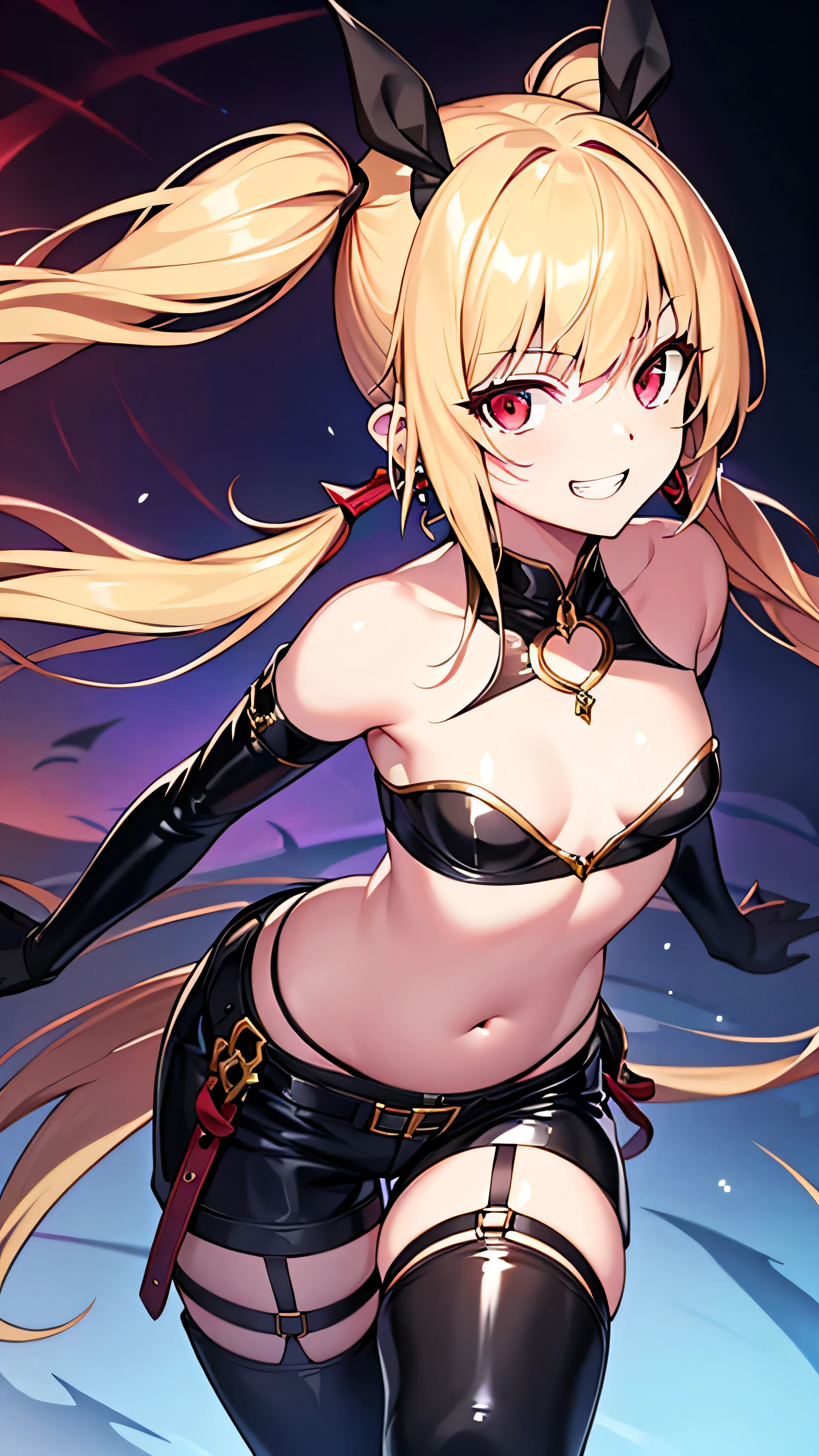 Extremely detailed and realistic CG, colorful, masterpiece, (Perfect Anatomy:1.3), Highest quality, One girl, alone, Imperial Redhead, Shiny Hair, Ridiculously long hair, Sideburns, Asymmetrical bangs, Red eyes, Shining Eyes, (Crazy Smile:1.2), (Wicked Smile:1.2), Sadistic smile, Grin, thin脚, Contrasting, Are standing, Tube top, Strapless, Shorts, Open your mouth, , abdomen, belly button, , Stylish pose, Spotlight, Thigh straps, Fancy earrings, (tooth:1.2), Black elbow gloves, Movie angle, , Open Stance, latex, tight, thin,flat chest,twintail,thighhigh boots,dark purple background,deep shaded face,look down at viewer,Malice,contempt,laugh at,too evil,