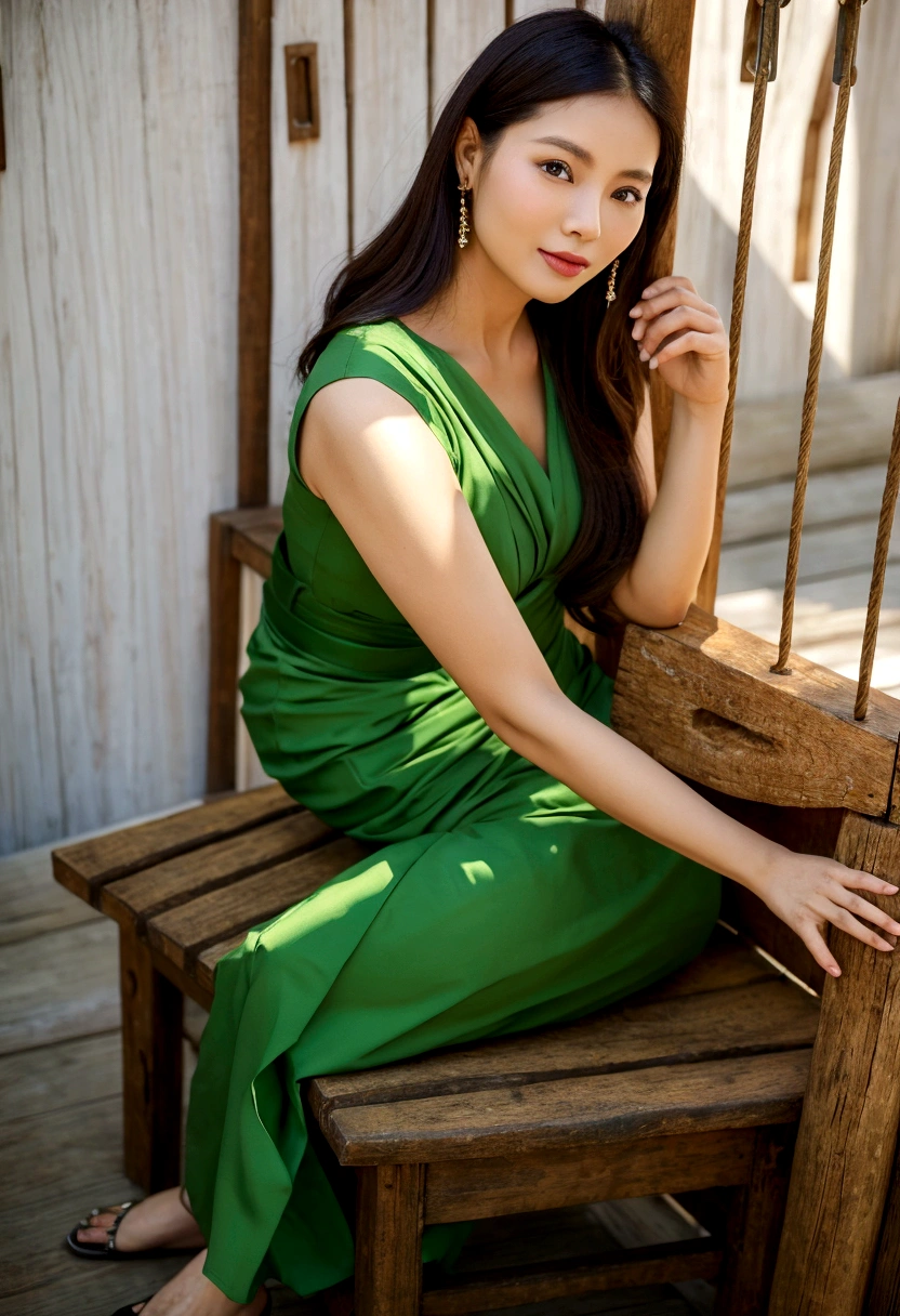 A woman in her fifties wearing a green dress sitting on a bench in front of a gate, Southeast Asia's long, so beautiful enga style, so beautiful girl, Traditional beauty, very so beautiful woman, Thin waist and thick hips, so beautiful woman, Beautiful exotic, Attractive girl, Slim girl photos, with lovely look, so beautiful photo, Lovely lady, so beautiful
