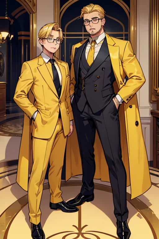 male, blonde hair, blue eyes, trimmed goatee, (((1boy))), (((golden yellow business suit))), (golden yellow pants), (black dress shirt), (brown necktie), (black dress shoes), (glasses), older man