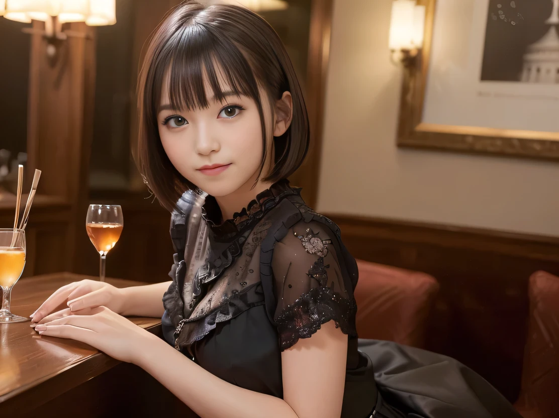 (Highest quality, masterpiece, Ultra-high resolution, 8K, RAW Photos, Realistic, Anatomically correct:1.5), 20-year-old girl:1.2, Embarrassing, avert your eyes, blush:1.0, View Viewer, ((Bar Lounge)) 、Night view、 Light:1.2, Bokeh, Cinema Lighting:1.0, Depth of written boundary, sharp、 Cute face、Idol、Black short sleeve lace top、Black pleated skirt、Black clothing、”dwarf”、(Floral clothes)、(Full Body Shot)、Side angle、Cowboy Shot、 smile、(Ultra short hair)、(Short bob cut)、(Straight bangs)、((See-through))、(( One Girl))、Large Breasts、
