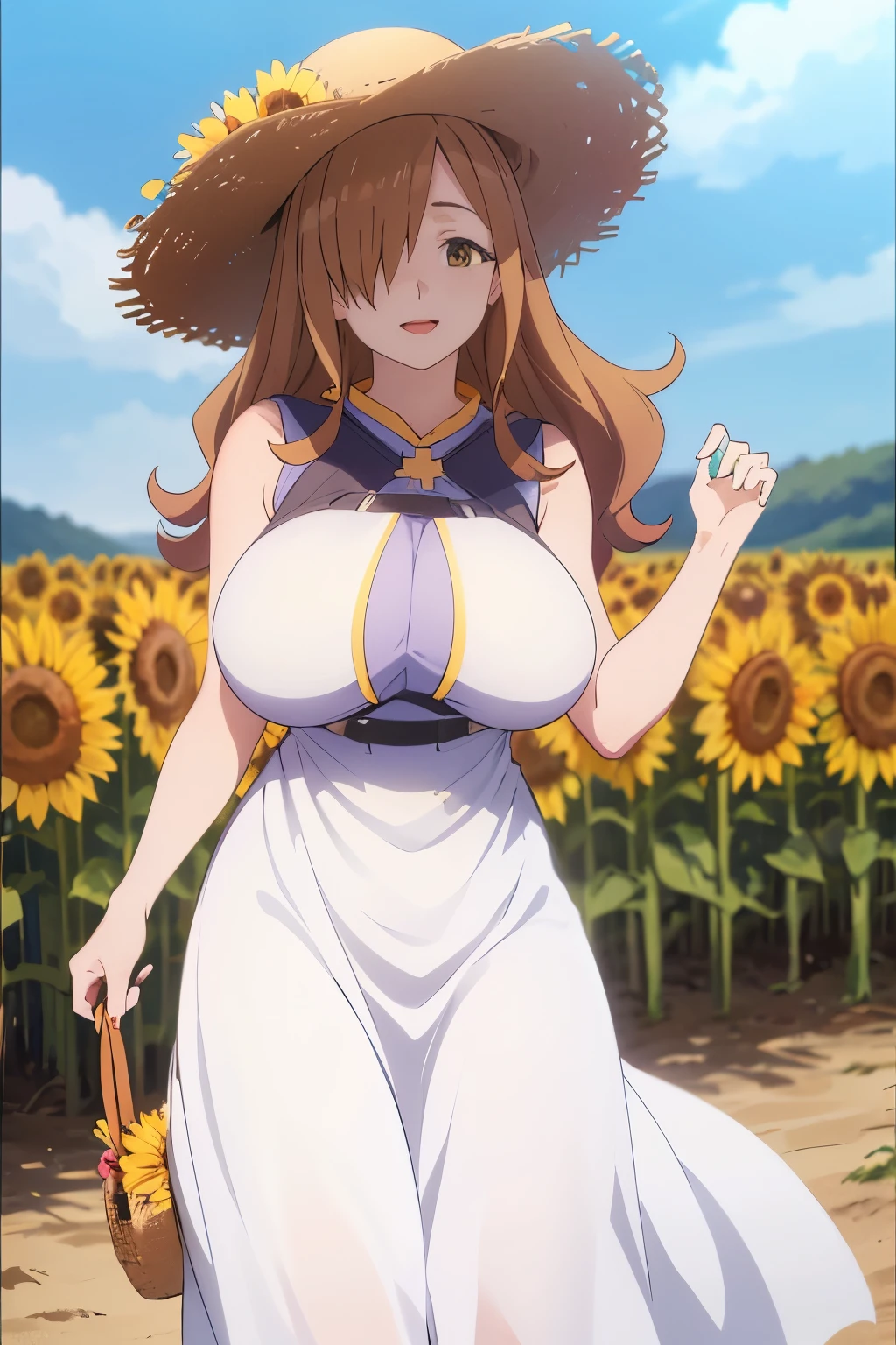 1girl, solo, cowboy shot,portrait、perfect quality, good quality, masterpiece, HDR, uhd,wiz,hair over one eye,huge breasts,Sunflower field、Straw hat、(White Summer Dress:1.4)、sunny day、smile