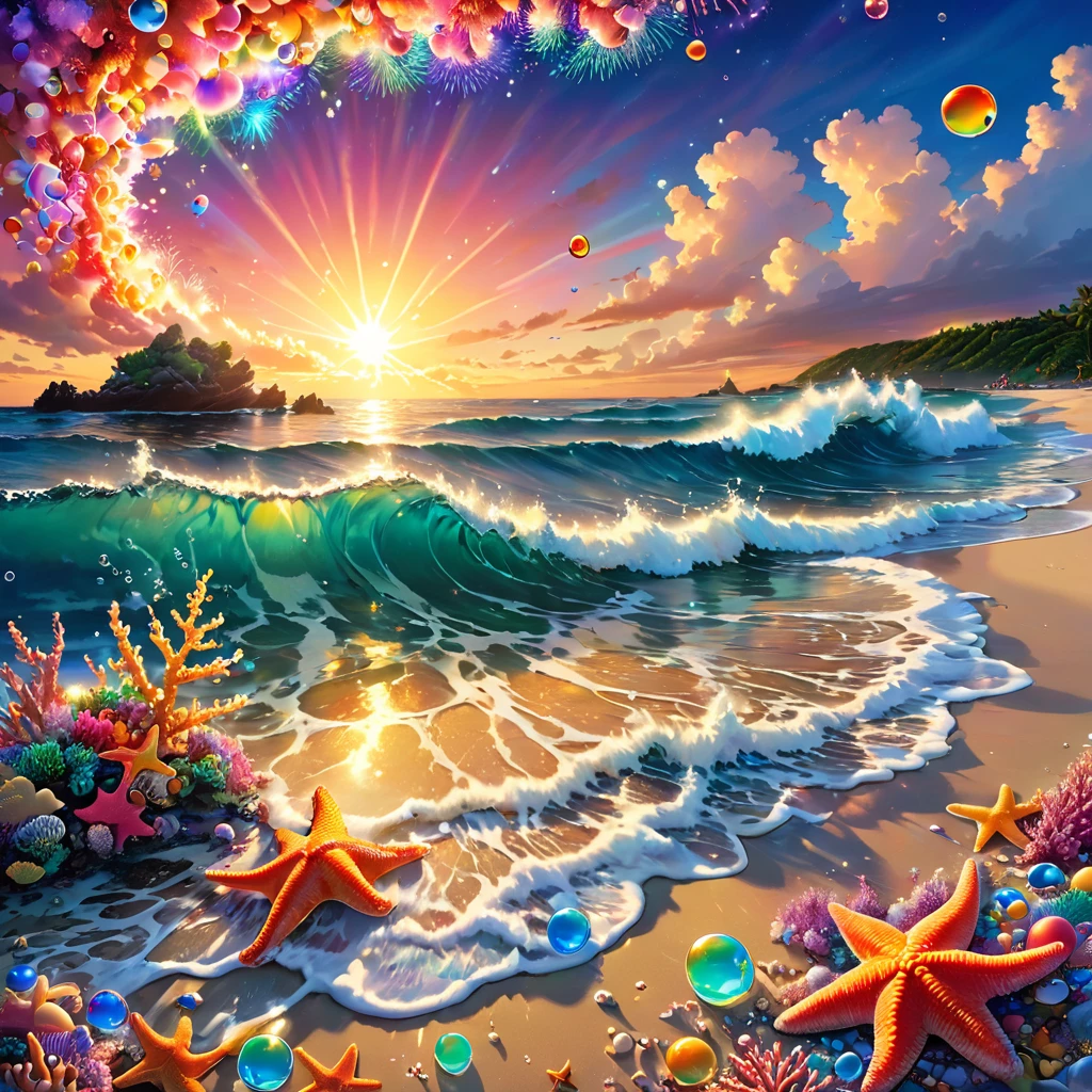 walking, waves, wind,(((glistening light of waves))),(detailed sunset glow),(floating flow),((coral)),(Luminous),coast,(floating colorful bubbles),beautiful detailed sky,(fluorescence),detailed shadow,(conch),beautiful detailed water, starfish, meteor, rainbow,(seabirds),(glinting stars), (glowworm),(splash),detailed cloud, shell,(fireworks),