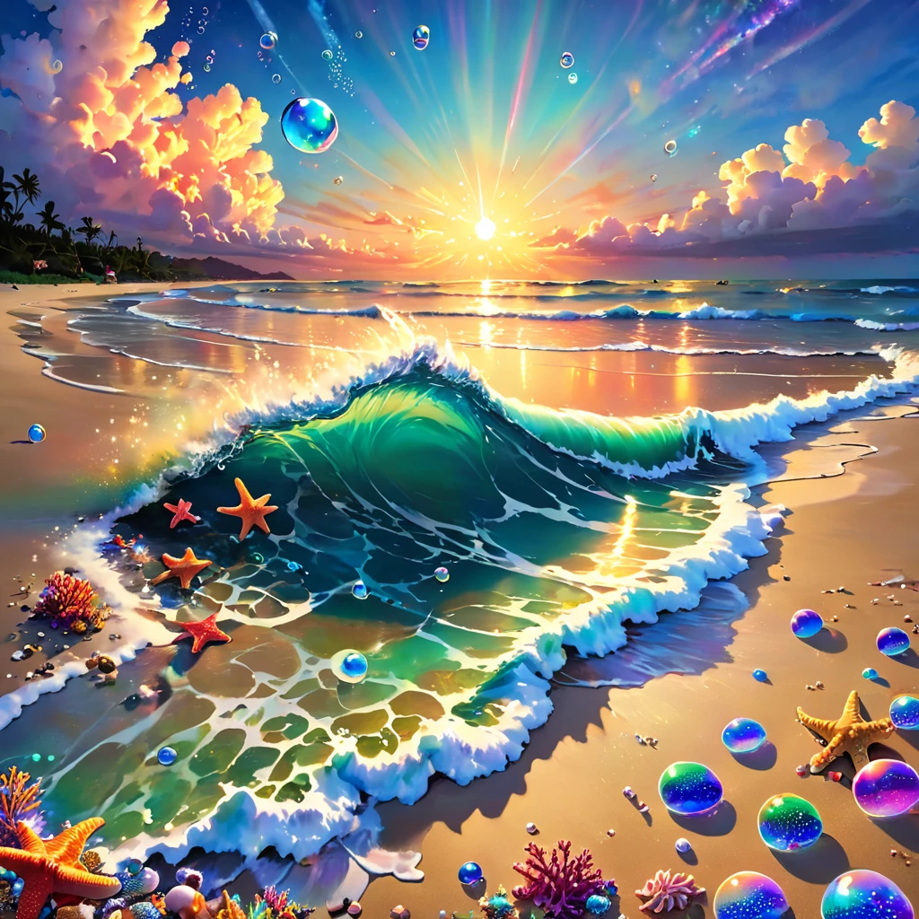 walking, waves, wind,(((glistening light of waves))),(detailed sunset glow),(floating flow),((coral)),(Luminous),coast,(floating colorful bubbles),beautiful detailed sky,(fluorescence),detailed shadow,(conch),beautiful detailed water, starfish, meteor, rainbow,(seabirds),(glinting stars), (glowworm),(splash),detailed cloud, shell,(fireworks),