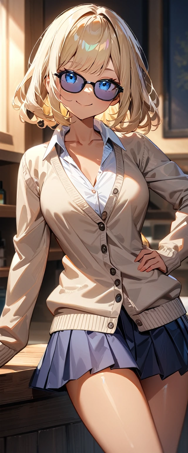 (((One girl))), ((tanned skin:1.3)), blond hair, ((sunglasses, hand to sunglasses)), stick out tongue, ((one hand on hip)), ((bob cut:1.3, wavy hair)), Natural makeup, breasts, (cowboy shot), standard body, (looking at viewer), collarbone, ((((school winter uniform, white unbuttoned shirt, skirt)))), (open collar), ((sleeves past wrists)), ((cardigan)), teenager, head tilt:1.3, (((blue eye))), ((happy smile)), (((anime style))), (best quality, 4k, 8k, highres, masterpiece:1.2, ultra-detailed, ultra-detailed eyes, HDR, UHD, studio lighting, ultra-fine painting, sharp focus, physically-based rendering, extreme detail description, professional, vivid colors, bokeh), ((Highest quality, Best image quality, Ultra-high resolution, Ultra-high resolution, solo, Strong eye highlights)), Depth of written boundary, Natural soft light, attractive, Beautiful Face, Cleanliness, Pure Face, nedium chest, Beautiful Face, Perfect Fingers, Perfect hands, Perfect body, Perfect Face, Shine a light into your eyes, Perfect Anatomy