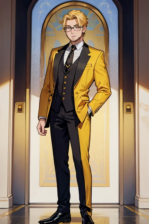 male, blonde hair, blue eyes, trimmed goatee, (((1boy))), (((golden yellow business suit))), (golden yellow pants), (black dress shirt), (brown necktie), (black dress shoes), (glasses), older man