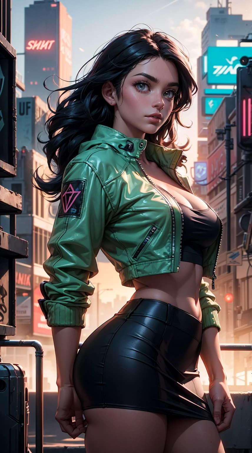 (masterpiece), (top-quality), sunset, natural lights, ,(realistic:1.5), 1girl, long jet-black hair, thicc, looking at viewer, eye contact, stunningly beautiful 20 years old mexican girl, cyberpunk, sci-fi mercenary, detailed cyberpunk city in background, neon lights, industrial, leather jacket short_skirt, curvy body, toned midriff, cleavage, large breasts, upper body, mid shot, masterpiece, detailed, mature, bright colors, high saturation, stunningly beautiful girl, bright green eyes, dark black hair, tanned, synthwave, enanched_beauty, precise hands, confident look、determined, bravery, Clear eyes, Shining eyes,, ultra-definition, Top resolution, soft lightning
