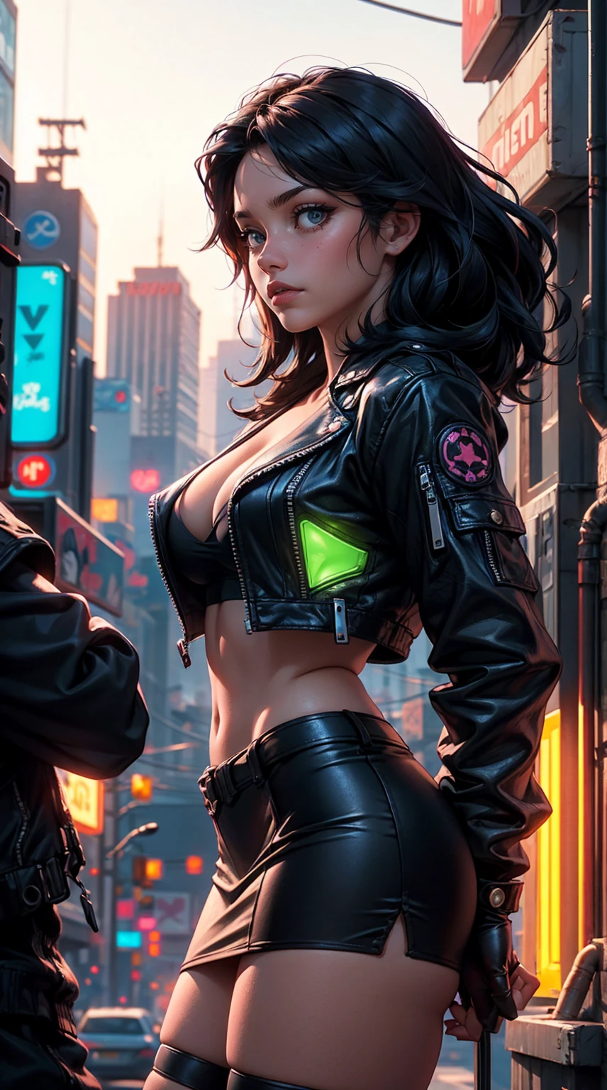 (masterpiece), (top-quality), sunset, natural lights, ,(realistic:1.5), 1girl, long jet-black hair, thicc, looking at viewer, eye contact, stunningly beautiful 20 years old mexican girl, cyberpunk, sci-fi mercenary, detailed cyberpunk city in background, neon lights, industrial, leather jacket short_skirt, curvy body, toned midriff, cleavage, large breasts, upper body, mid shot, masterpiece, detailed, mature, bright colors, high saturation, stunningly beautiful girl, bright green eyes, dark black hair, tanned, synthwave, enanched_beauty, precise hands, confident look、determined, bravery, Clear eyes, Shining eyes,, ultra-definition, Top resolution, soft lightning