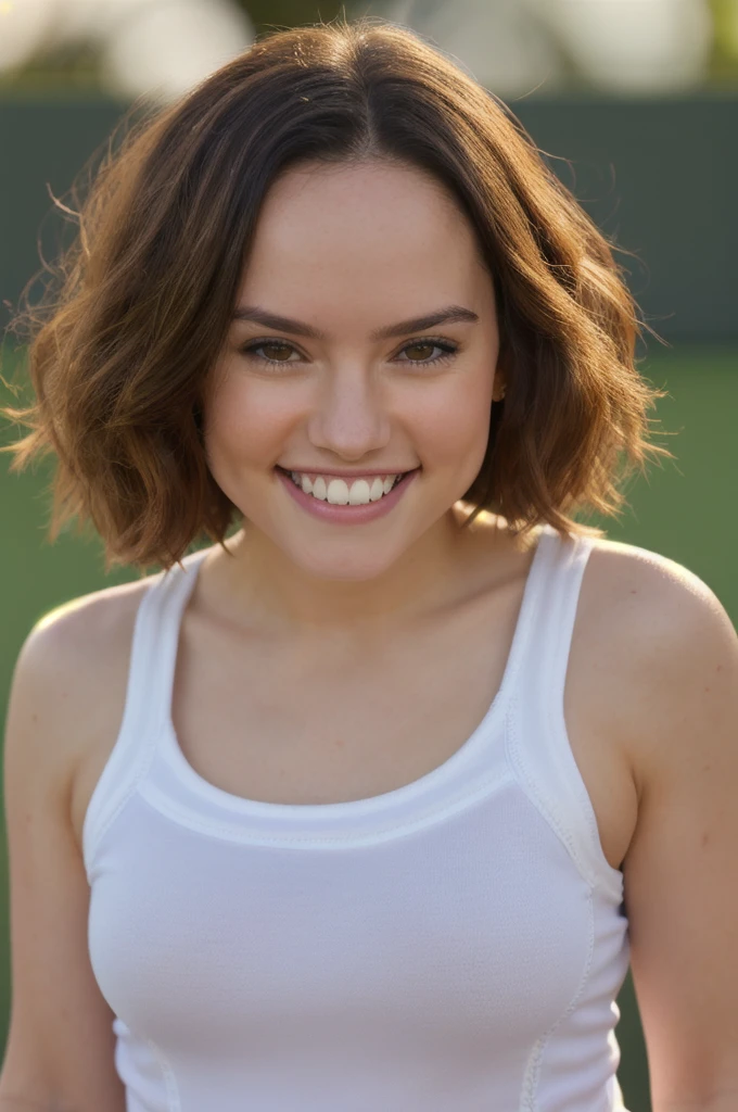 daisyrdl,smile,medium length hair,full length portrait,wearing tennis clothes, canon powershot,masterpiece,tennis count,bokeh,extreme dof,highly detailed,8k,uhd,soft lighting, white shirt, white shorts