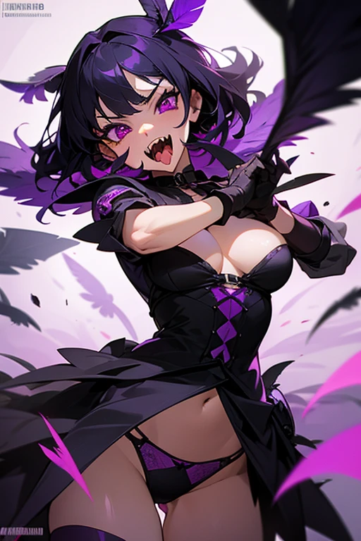 Girl with purple and black hair,with purple eyes and a black dress and black gloves,with sharp teeth,in purple panties,with feathers open,opening your mouth with your hands and your tongue out