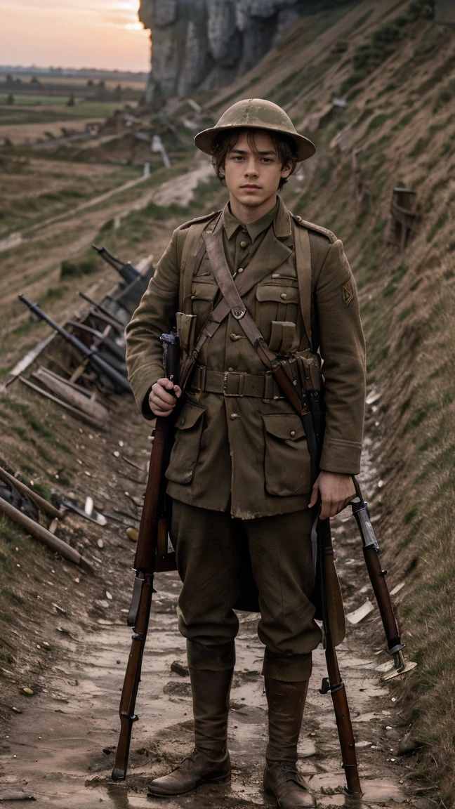 (masterpiece), best quality, expressive eyes, perfect face, cliffs, man, trenches, dirty, uniform, realistic, HD, holding Rifle, Enfield rifle, Somme, trench warfare, bayonet, dusk, explosion, bombarded, Harry Styles, stock rifle