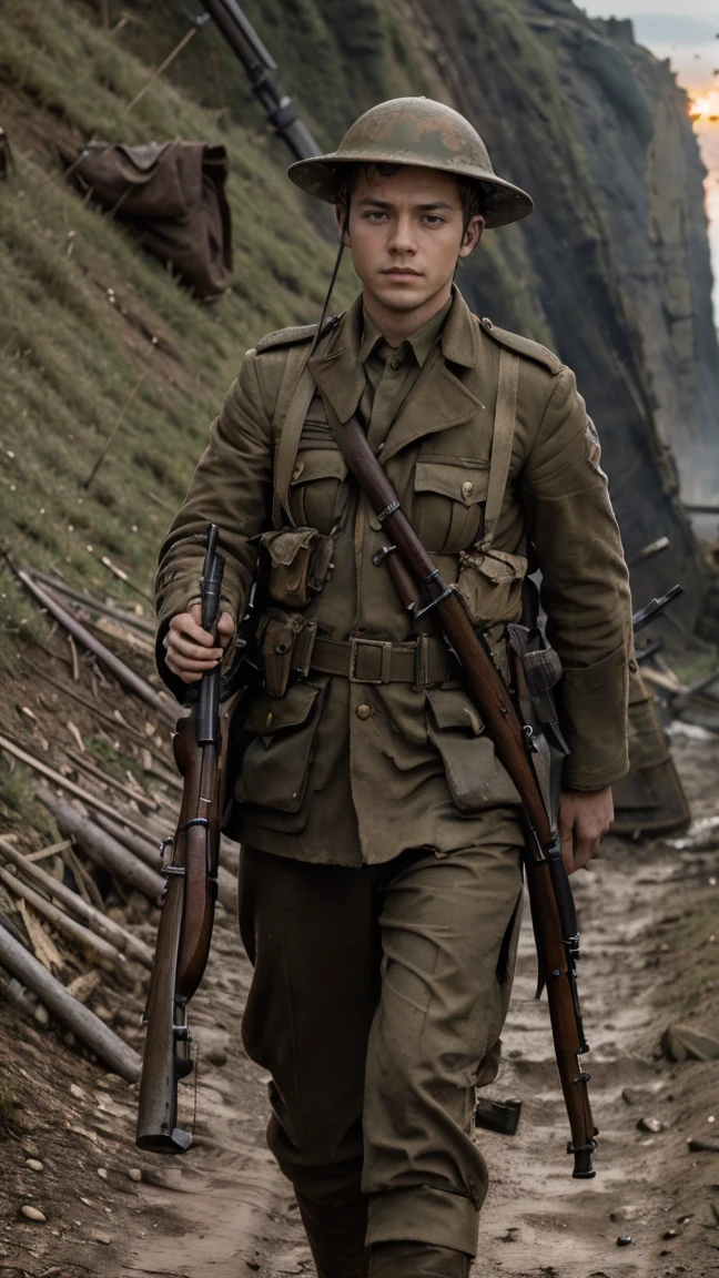 (masterpiece), best quality, expressive eyes, perfect face, cliffs, man, trenches, dirty, uniform, realistic, HD, holding Rifle, Enfield rifle, Somme, trench warfare, bayonet, dusk, explosion, bombarded, Harry Styles, stock rifle