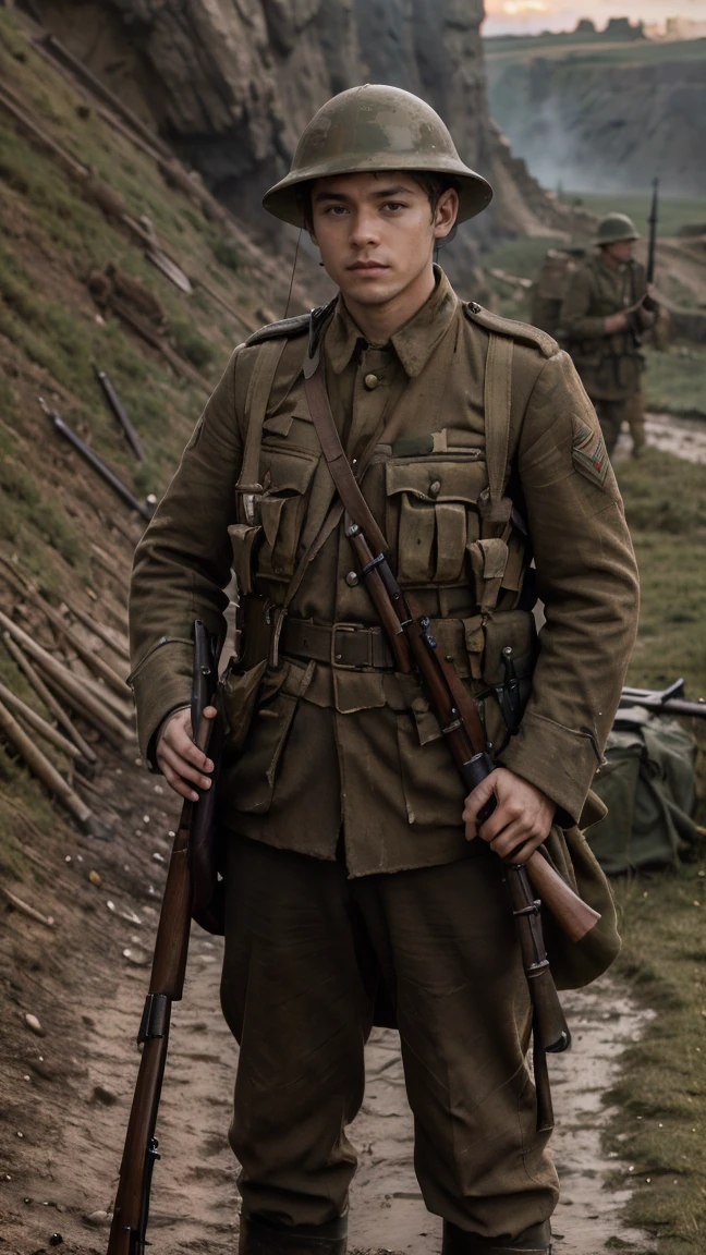 (masterpiece), best quality, expressive eyes, perfect face, cliffs, man, trenches, dirty, uniform, realistic, HD, holding Rifle, Enfield rifle, Somme, trench warfare, bayonet, dusk, explosion, bombarded, Harry Styles, stock rifle