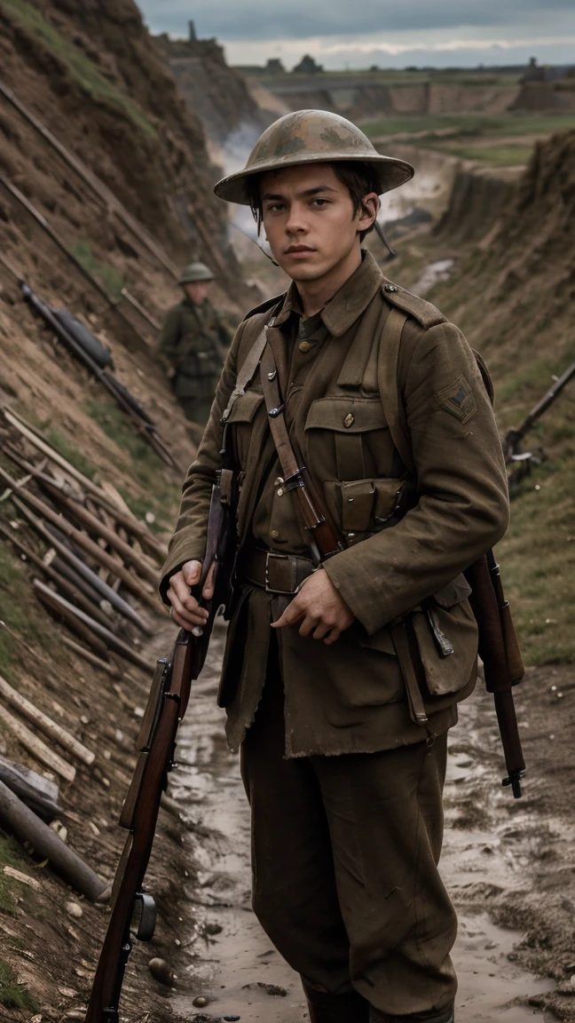 (masterpiece), best quality, expressive eyes, perfect face, cliffs, man, trenches, dirty, uniform, realistic, HD, holding Rifle, Enfield rifle, Somme, trench warfare, bayonet, dusk, explosion, bombarded, Harry Styles, stock rifle