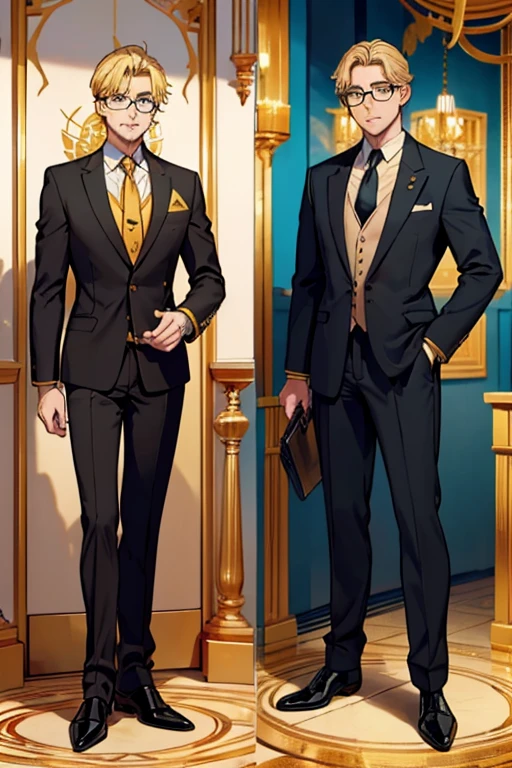 male, blonde hair, blue eyes, trimmed goatee, (((1boy))), (((golden yellow business suit))), (golden yellow pants), (black dress shirt), (brown necktie), (black dress shoes), (glasses), older man