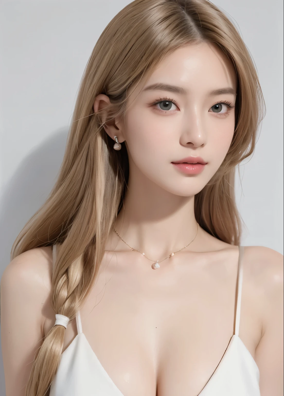 1 girl, (white background), ((8K, masterpiece: 1.4)), (Professional Photography, sharp:1.2),Complete dynamic configuration, (natural sunlight), (soft shadows), (perfect body:1.4, slim abs:1.2), ((random female hairstyles:1.2, huge breasts:1.1)), Midsole high, Highly detailed face and skin, perfect asian, White skin, (sensitive skin:1.3),(latex leather:0.4), (perfect and glowing skin:0.6), By Senai, 21 years old, fashion model, (sexy casual), showing cleavage, blonde hair, light brown eyes, beautiful eyes, round eyes, pretty face, blush, shiny lips, high nose bridge, shining eyes, perfectly balanced face, Really moist skin, exquisite expression, smile at the camera, looking at camera, exquisite expression, Elegant necklace, elegant earrings, minimalist, walk