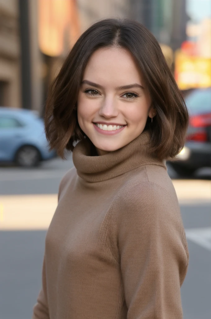 daisyrdl,smile,medium length hair,full length portrait,wearing turtleneck,canon powershot,masterpiece,city street,bokeh,extreme dof,highly detailed,8k,uhd,soft lighting, showing her ass